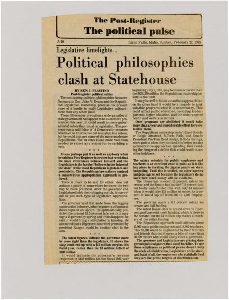 A newspaper article detailing the thought differences between the governor and the legislature. Plastino then discusses his displeasure with the political maneuvering behind state salaries
