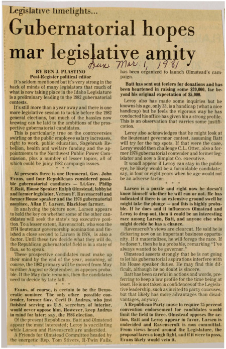 A newspaper article detailing the gubernatorial election and the issues that will be addressed. It also details the plethora of Republican candidates who could run in the primaries.
