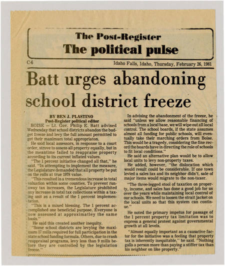 A newspaper article detailing the exploits of Lt. Governor Philip E. Batt and his efforts to push schools to utilize their full funding. He also explained the inequality in the property appraisal and property tax allocation and how they resolved that inequity.