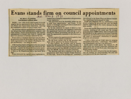A newspaper article detailing Governor John Evans' pushback against the legislatures desire to have a stronger voice in the appointment of key officials.