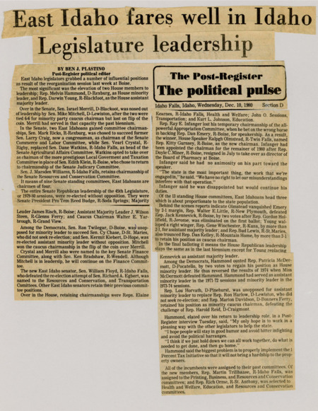 A newspaper article detailing the Eastern Idahoan legislators put in charge of several key committees.