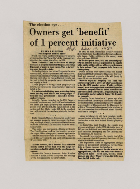 A newspaper article detailing the large increase in property taxes by up to 30%. These increases are to address the deficit.