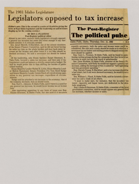 A newspaper article detailing the opinions of eastern Idaho legislators on the possible taxes to resolve the deficit.