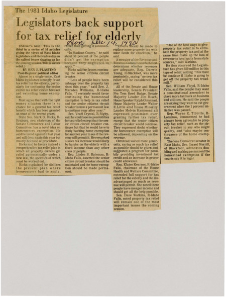 A newspaper article detailing eastern Idahoan legislators' support for property tax relief for property owners, especially through the homestead exemption act.
