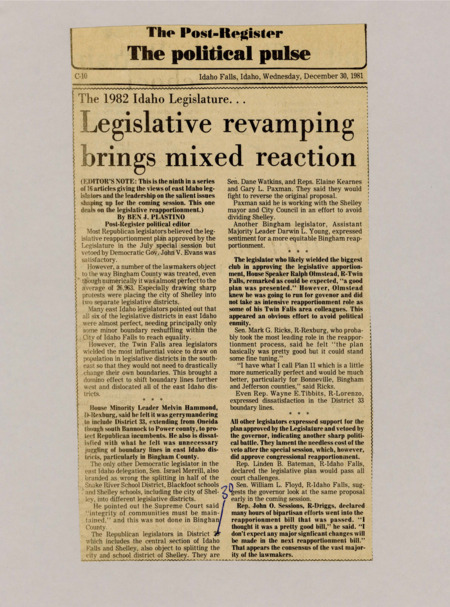 A newspaper article detailing the mixed opinions among eastern Idahoan representatives on the legislative redistricting, with some representatives viewing the plan as gerrymandered towards Republicans.