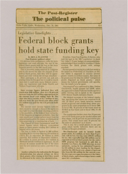 A newspaper article discussing the difficulties with federal grants that year. With several large cuts and stipulations that limit how the money can be spent. Most of the changes are to health and welfare grants.