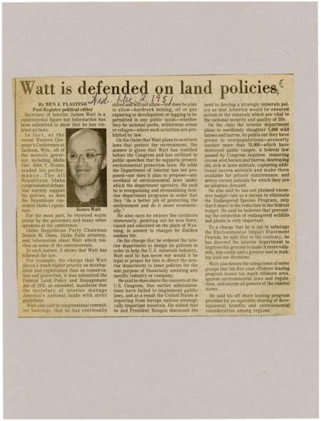 A newspaper article detailing Idahoan representatives' view of the new Secretary of the Interior James Watt. There's also James Watt's plans for public lands and their uses as well.