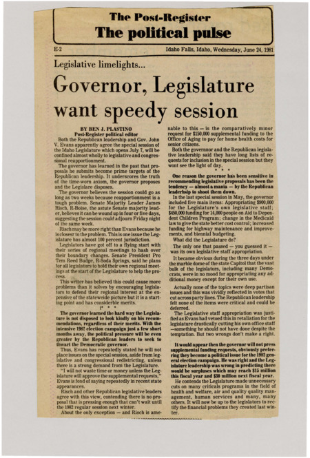 A newspaper article detailing Governor John V. Evans' desire to avoid the political bog that has formed in the legislature. The author writes his own disdain for the petty games being played in the state house.