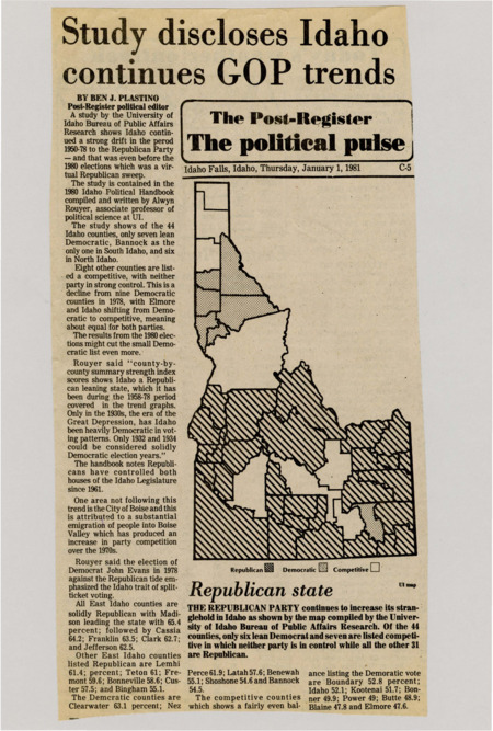 A newspaper article detailing the shifts in voting for Republicans. The author notes the decline of Democratic control in usually strong Demo counties. Map named "Republican state".