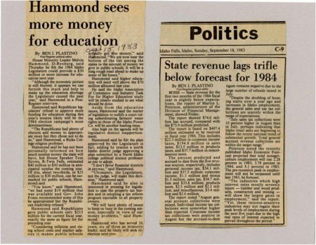 A newspaper article details Senator Melvin Hammonds' support for providing extra education funding to make up for previous cuts. Hammond also explains his position on many of the issues facing the session, such as property tax reform and redistricting woes.