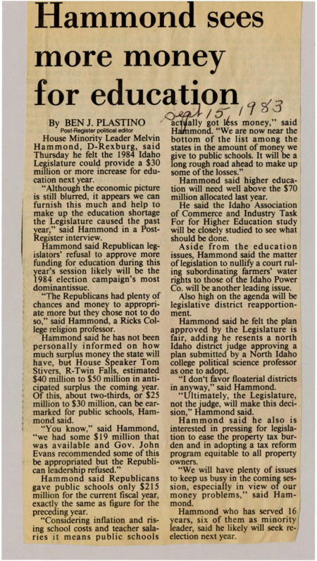 A newspaper article details Senator Melvin Hammonds' support for providing extra education funding to make up for previous cuts. Hammond also explains his position on many of the issues facing the session, such as property tax reform and redistricting woes.