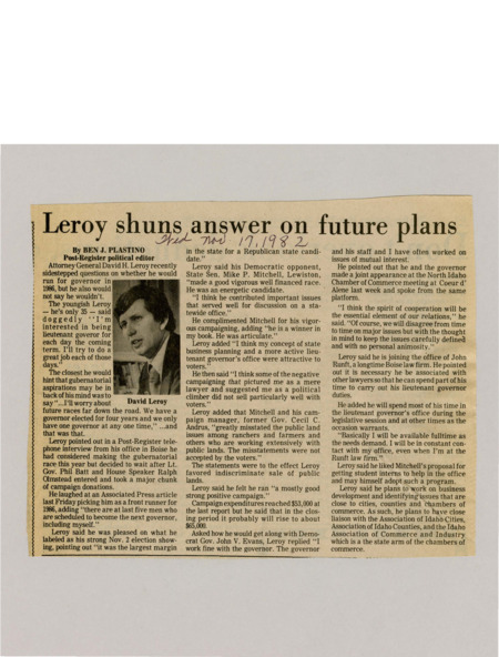 A newspaper article about Idaho Attorney General David Leroy's possible gubernatorial run. He goes into detail about his position in the race and the strength of his opponents. Image labeled "David Leroy"