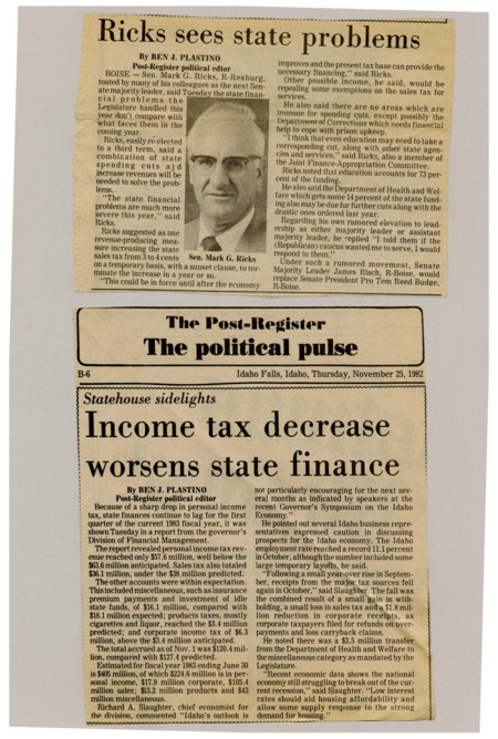 A newspaper article detailing the bad state of the economy through tax collection metrics, with reductions in both income and sales tax. The article also analyzes job numbers and the context of the national economy.