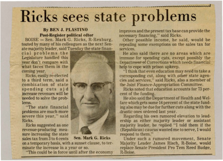 A newspaper article discussing Senator Mark Ricks' ideas on reducing the deficit. Ricks would recommend raising sales tax and cutting health and welfare funding. Image named "Sen. Mark G. Ricks."