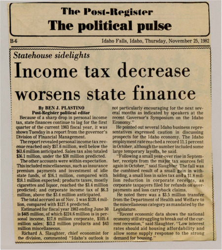 A newspaper article detailing the bad state of the economy through tax collection metrics, with reductions in both income and sales tax. The article also analyzes job numbers and the context of the national economy.