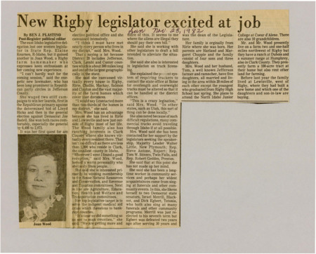A newspaper article discussing the new representative from Rigby Idaho. The article details several policy focuses, including stringent 'Indigent' health care legislation and streamlining trucking.