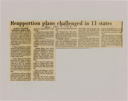 A newspaper article detailing the redistricting pains across several states in the US. The article explains the results of other states' attempted redistricting.