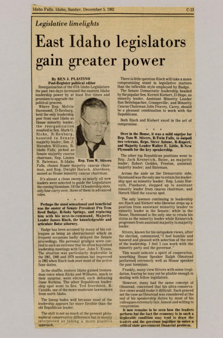 A newspaper article detailing Eastern Idahoan legislators' rise in state leadership. Image labeled "Rep. Tom W. Stivers."