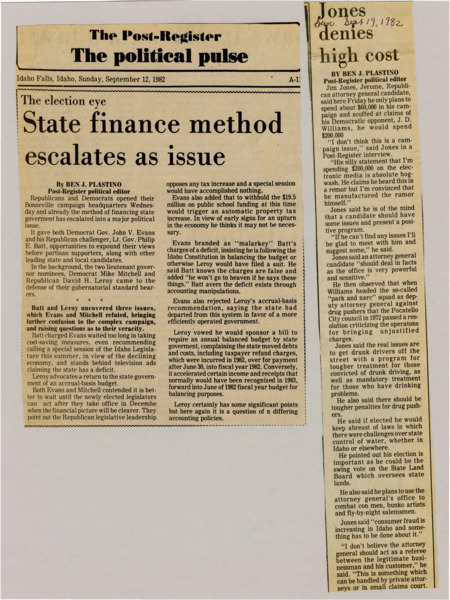 A newspaper article discussing the state financing fight between Governor Evans and certain Republican leaders, including several potential gubernatorial candidates.