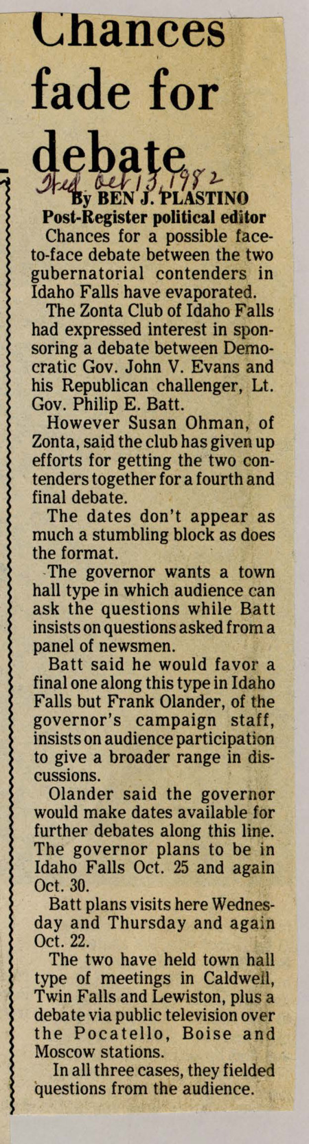 A newspaper article detailing an ill-fated possible debate between Governor Evans and Republican gubernatorial candidate Phillip E. Batt. The debate is likely not to happen because of disagreements on the format.