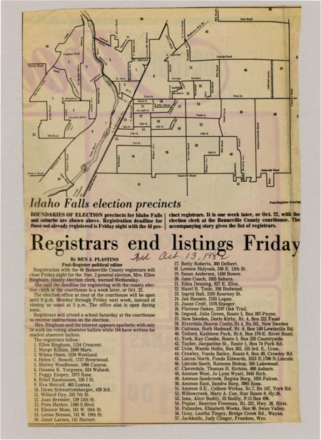 A newspaper article warning voters that the registrars offices will be closing soon. The article also explains where the registrars are located in their respective districts. Map labeled "Idaho Falls election precincts"