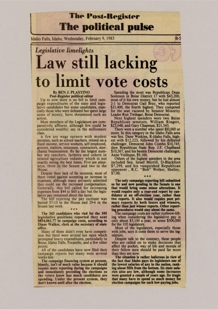 A newspaper article expressing the need for limits to campaign financing. The article analyzes the increasing costs for elections, relatively low wages for legislators, and the economic inability of certain candidates to dedicate so much money to elections.
