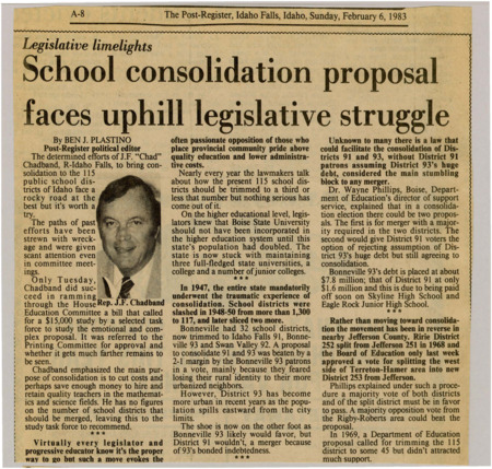 A newspaper article detailing the push by Rep J.F. Chadband to consolidate the 115 Idaho school districts into a third or less of that number. The article delves into some of the possible logistical and cultural hiccups that would interrupt the process. Image labeled "Rep. J.D. Chadband."