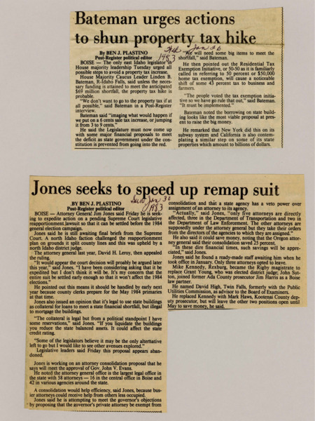 A newspaper article detailing Rep Linden Bateman's warning of the consequences of a property tax hike. As an alternative, to ensure the state has funds, Bateman suggests taking debt on state property.