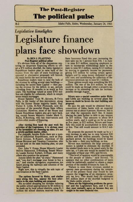 A newspaper article detailing the continued turmoil in the Idaho congress over the hotly debated 1983 deficit. Plastino said that even he saw the lines being formed around the mortgaging of state buildings proposal.