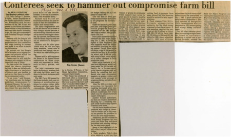 A newspaper article detailing Senator Hansens opinions and goals for a federal farm spending bill. The bill covers agricultural subsidies with specifics on prices per bushel and several other agricultural products. The article also notes the possible changes to the food stamp program. Image labeled "Rep. George Hansen."