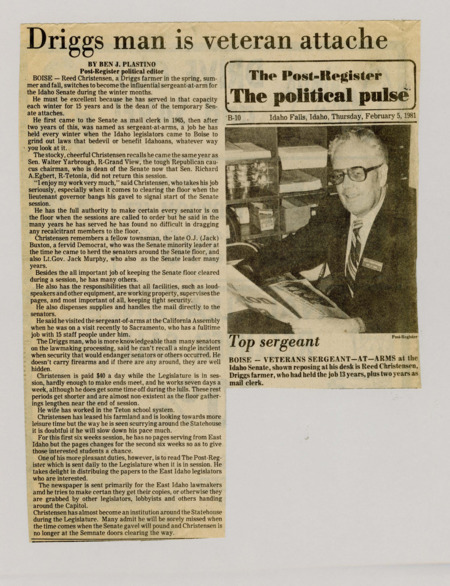 A newspaper article about a long serving sergeant at arms Reed Christiansen. The article describes his daily duties in the senate, his personal views on the job, and some information of his non-senate related activities. Image labeled "Top sergeant."