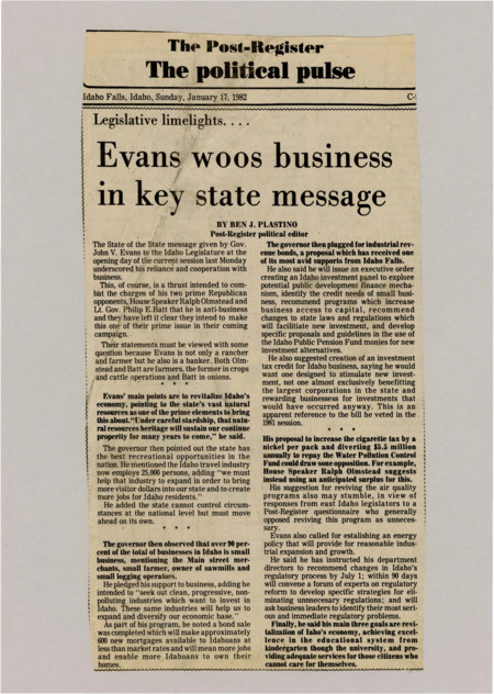 A newspaper article detailing the governors speech about the economy and helping businesses and industries in Idaho. Evans touched on expanding the tourism industry and support for small businesses.