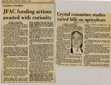 A newspaper article discusses Senator Vearl Crystal's summary of the work that the Agriculture committee will be discussing. One of these bills is to reform the punishment for stealing cattle. Image labeled "Sen. Vearl Crystal."