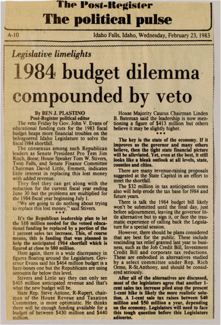 A newspaper article discussing the veto of the 1984 budget bill by governor Evans. It then discusses whether the solution to the deficit is cutting spending or raising revenue.