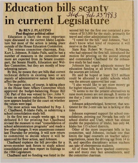 A newspaper article discussing the prospects of the 1984 education funding part of the bill vetoed by governor Evans. It details the push for school district consolidation as well as a possible state income tax increase.