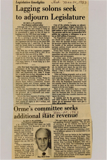 A newspaper article detailing rep Rich Orme's subcommittee, which has been tasked with finding alternative sources of funding to meet budget short falls. Image labeled "Rep. Rich Orme."
