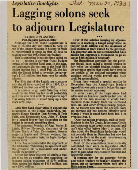 A newspaper article discussing an incredibly long legislative session to resolve budget issues with the 1983 budget bill. The fighting centers on cuts and arguments between the governor and legislators over when they should've actually discussed this.