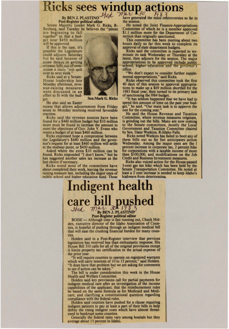 A newspaper article explaining the possible reforms in 'indigent' health care viability to ease counties' finance pressure.