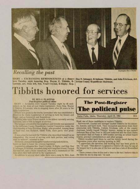 A newspaper article detailing the retirement of Senator Wayne Tibbits. The article goes into many of Tibbits achievements, his family, and the relationships he had built with many of the senators. Image labeled "Recalling the past."