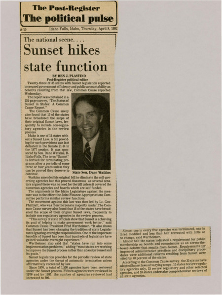 A newspaper article discussing the recent push for 'sunset' laws gathering popularity nationally. The bill is facing pushback for its perceived redundant because of JFAC's duties. Image labeled "State Sen. Dane Watkins."