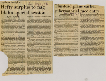 A newspaper article detailing a budget surplus and possible uses for the funding. The article details the cost cuts in the previous budget bill and how the funding could potentially rectify those cuts. However it won't be addressed at the special session for reapportionment. Damage has rendered portions illegible.
