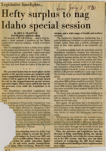 A newspaper article detailing a budget surplus and possible uses for the funding. The article details the cost cuts in the previous budget bill and how the funding could potentially rectify those cuts. However it won't be addressed at the special session for reapportionment. Damage has rendered portions illegible.