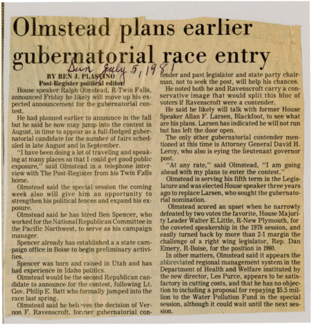 A newspaper article detailing Rep. Ralph Olmstead's campaign for governor in the 1982 election.