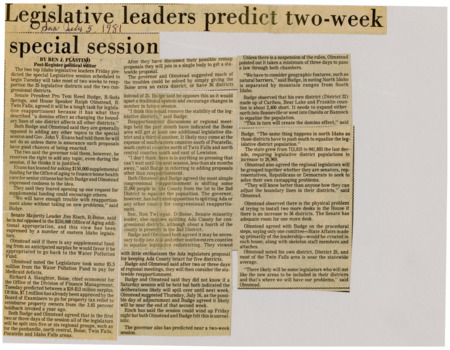 A newspaper article discussing the special session to resolve the reapportionment struggles. There's a detailed reporting of Reed Budge and Ralph Olmsteads possible plans to make redistricting go through and the possible problems.