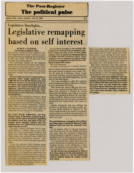 A newspaper article criticizing the recent legislative redistricting effort. The author goes on to explain the specific impacts for eastern Idaho districts.