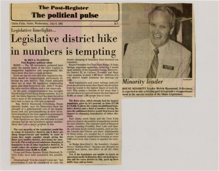 A newspaper article discussing the legislatures possible solution to the redistricting fight. Despite not being a desirable decision Republicans pondered adding another district to Boise stopping much of the redistricting issues. Image labeled "Minority Leader."