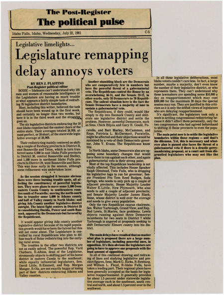 A newspaper article detailing the public's anger at the legislatures inability to resolve the redistricting issue. The article then discusses some of the factions that have formed in the debate.
