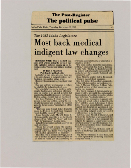 A newspaper article discussing the support for the changes to "medical indigent" health care eligibility. This change is to prevent local counties from going broke.