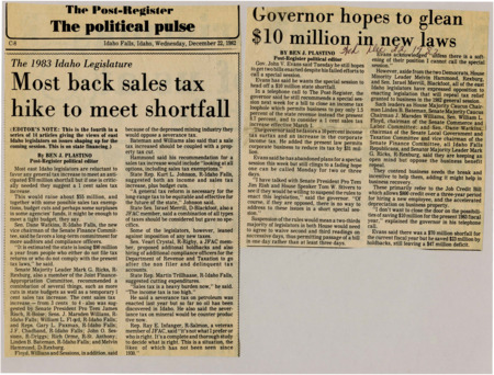 A newspaper article detailing Governor Evans tax plan to raise extra funds. He discusses raising corporate income tax and closing tax loopholes.