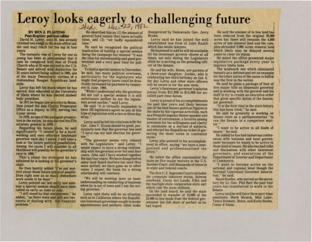 A newspaper article detailing David Leroy's political and personal life and his future career in politics. There's also interviews with Leroy about his duties in his current role.